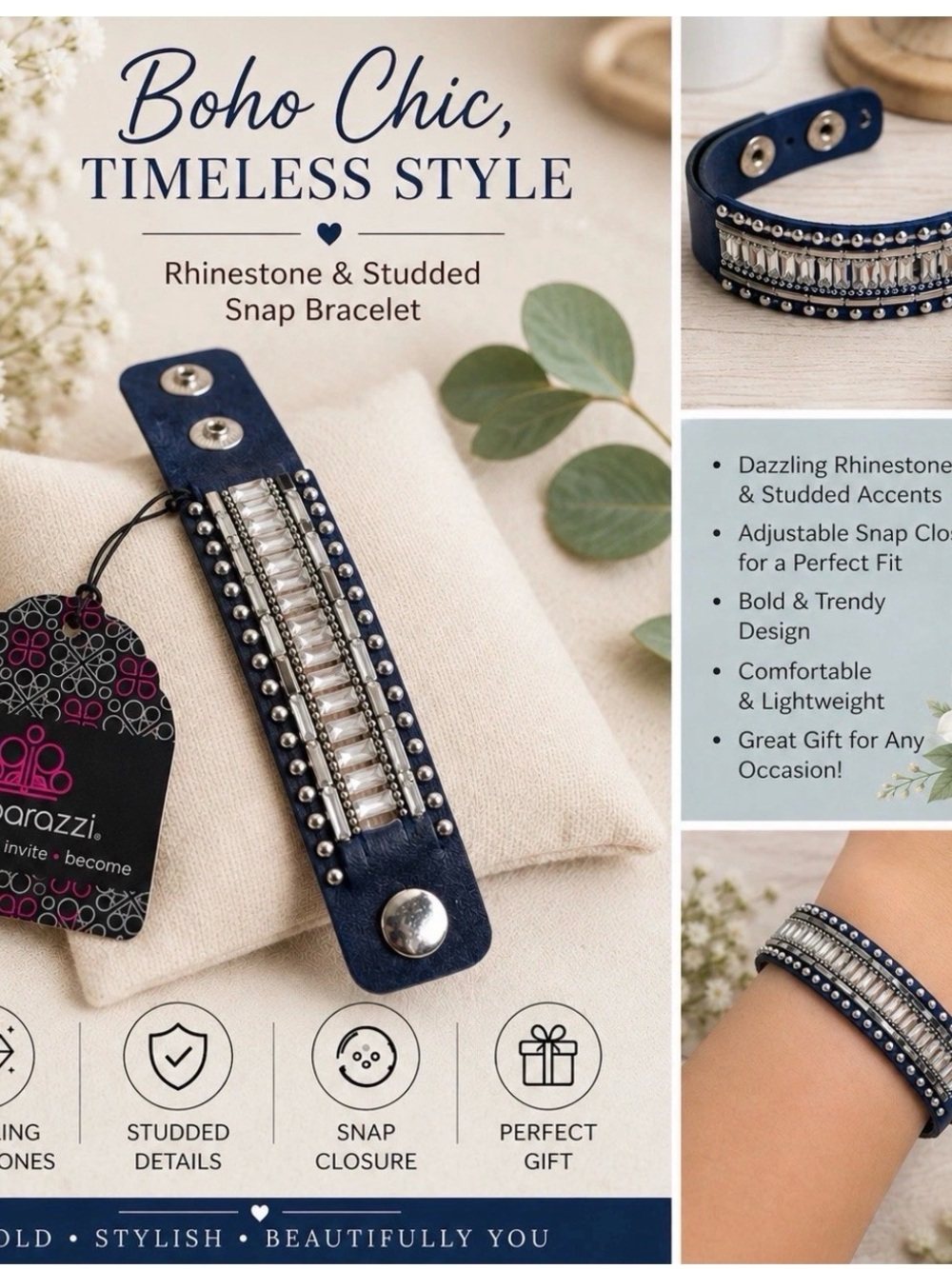 paparazzi Navy Rhinestone & Studded Snap Bracelet